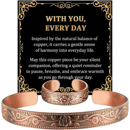 Pure Copper Bracelet & Ring for Women Men, 99.99% Solid  Copper Cuff Bangle, Adjustable   with  Box