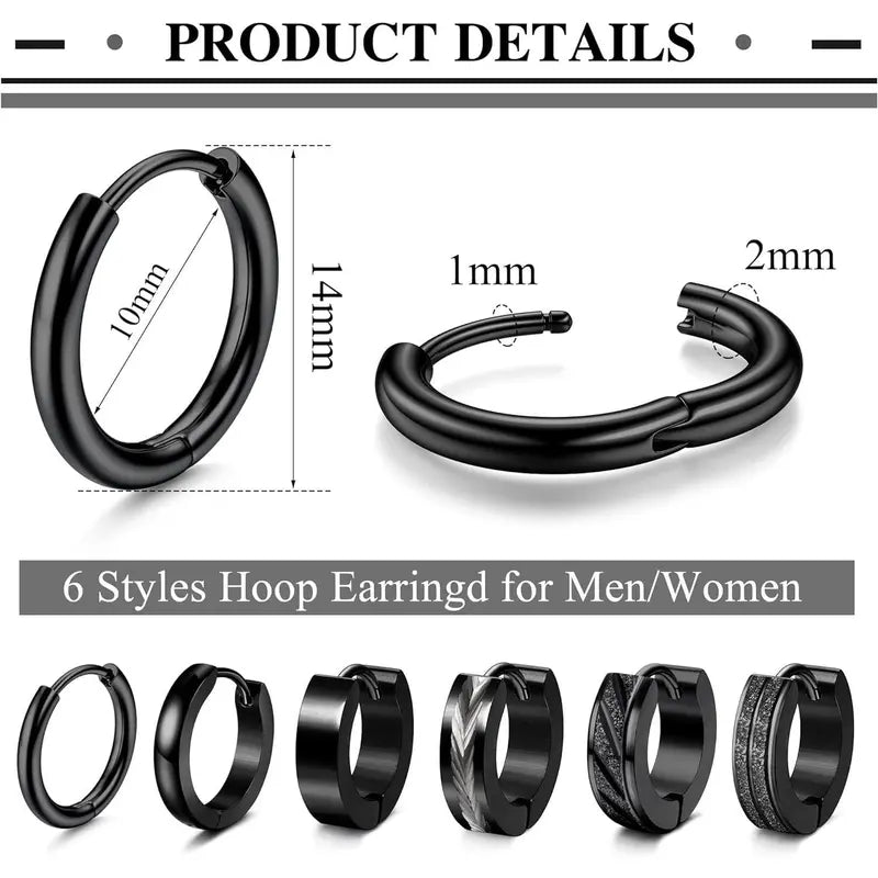 CASSIECA 6Pair Stainless Steel Earrings Set Classic Small Hoops, Helix Piercing Sleepers, Dome, Black Styles, Sleep Safe Jewelry for Men/Women, Men's Accessories Sohochic