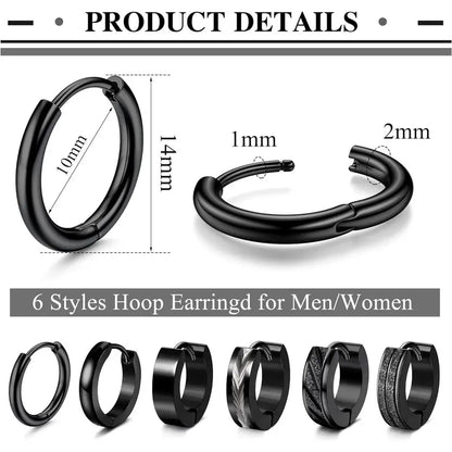 CASSIECA 6Pair Stainless Steel Earrings Set Classic Small Hoops, Helix Piercing Sleepers, Dome, Black Styles, Sleep Safe Jewelry for Men/Women, Men's Accessories Sohochic
