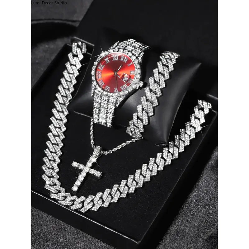 Unisex 3-Piece Punk Jewellery Exquisite Watch Set, Set Includes Rhinestone Shine Cross Pendant Necklace, Adjustable Alloy Bracelet & Exquisite Watch for Everyday Wear