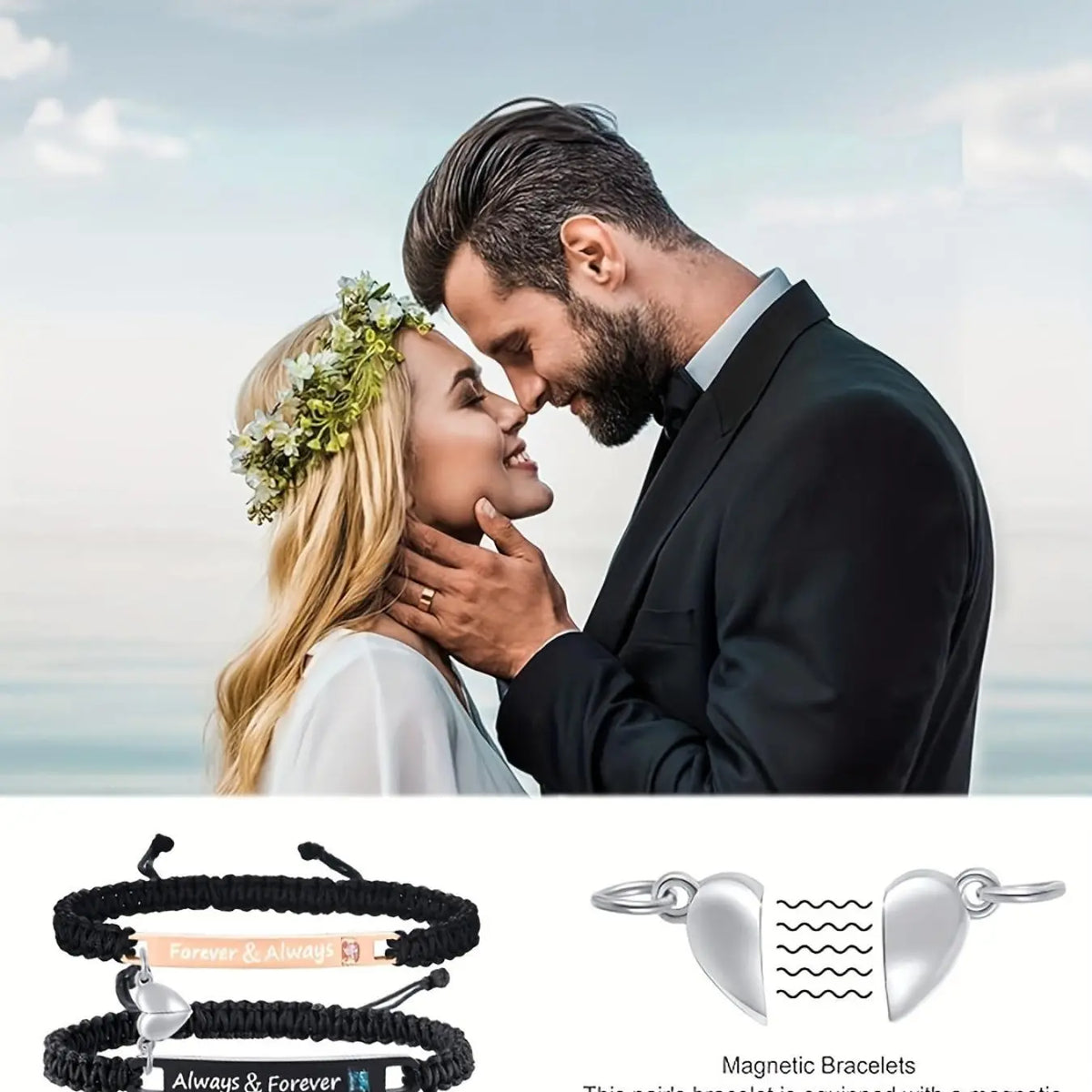 4-piece couple's bracelet and necklace set, Couples jewelry set, couple's jewellery set includes a rose gift box, perfect gift for him/her, Valentine's Day, Christmas, anniversary gift