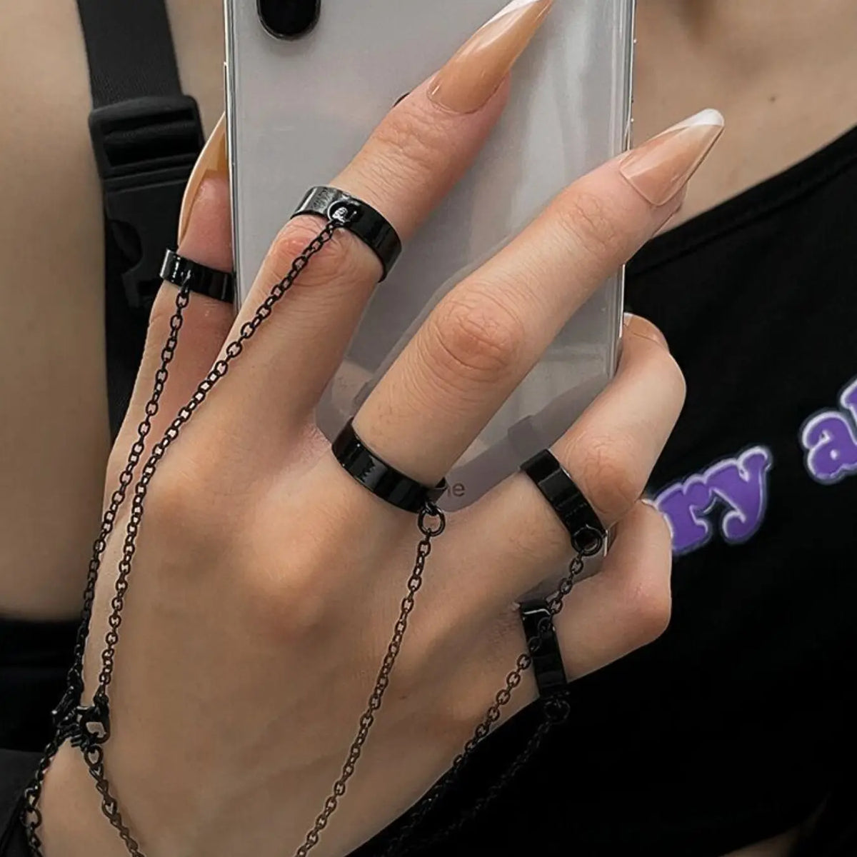 Unisex Fashion Ring Bracelet Set, Adjustable Open Loop Rings with Connecting Chain, Hip Hop Street Style Jewelry, Trendy Jewelry Set, Openwork Ring Sets, Men Jewelry