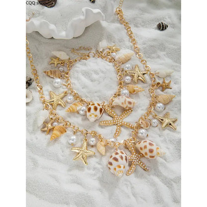 Unisex Nautical Ocean-Themed 2-Piece Alloy Artificial Pearl Jewelry Set - Star Sports Wristbands, Seashell Geometric Necklace, Durable and Refined Appearance, for Everyday Wear, Gifting