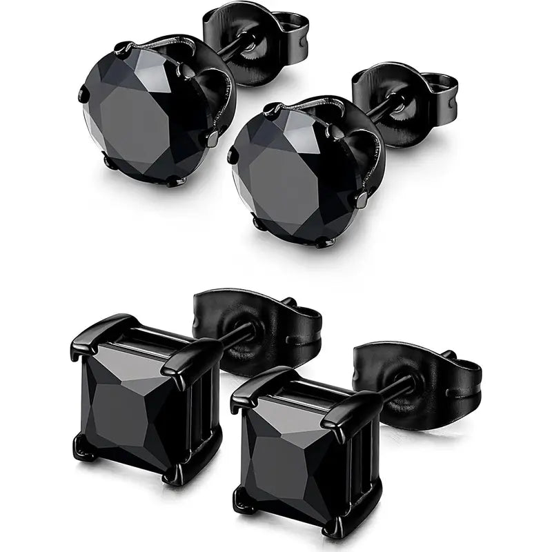 BESTEEL Hypoallergenic CZ Black Stud Earrings for Men & Women - Stainless Steel studearrings, Square Round Shape, Sensitive Ear Jewelry Set, Model 3-8MM accessories men