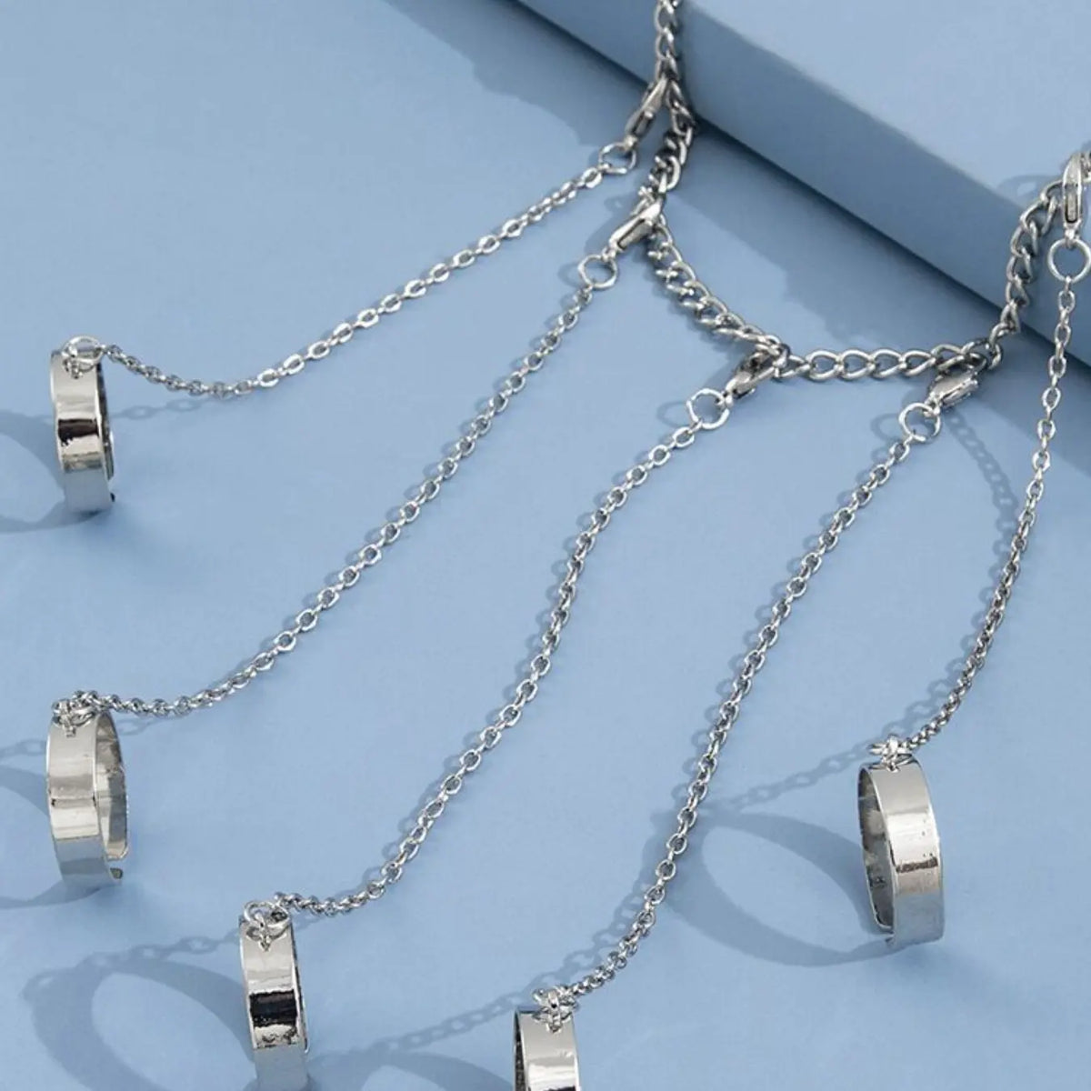 Unisex Fashion Ring Bracelet Set, Adjustable Open Loop Rings with Connecting Chain, Hip Hop Street Style Jewelry, Trendy Jewelry Set, Openwork Ring Sets, Men Jewelry