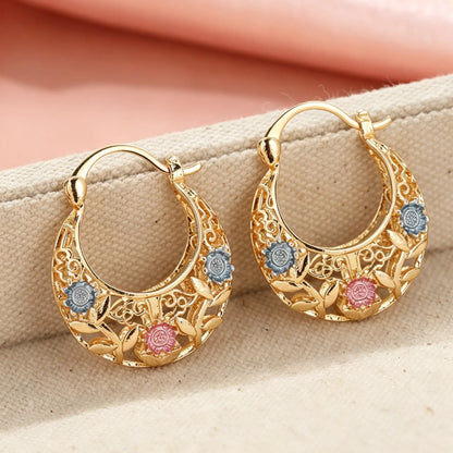 Mexican-style sunflower pattern gold-coloured hollow hoop earrings, hoop shape earrings, elegant party earrings, the perfect anniversary gift for mothers and couples, earrings jewelry