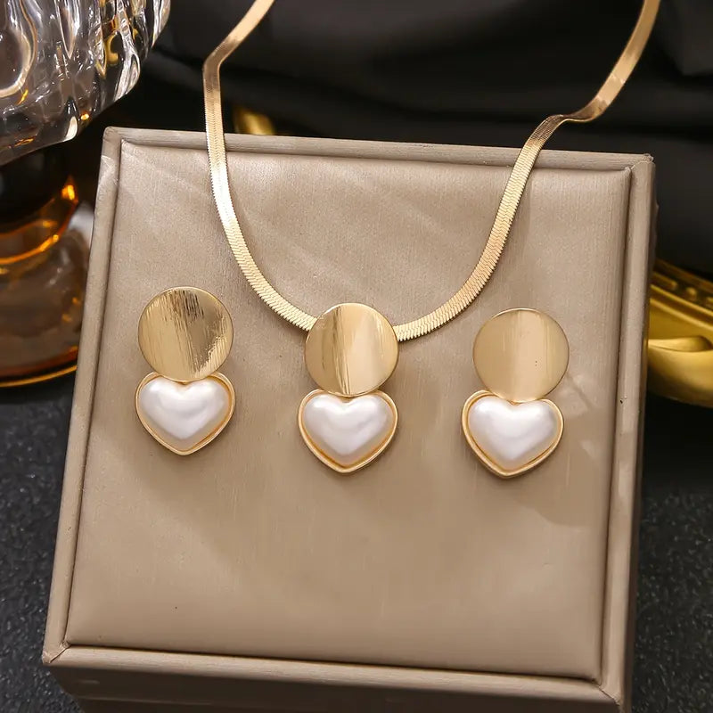 Women's 3-Piece Matching Fashionable Elegant Stylish Plastic Alloy Jewelry Set - Punk Heart Faux Pearl Round Earrings, Minimalist Flat Snake Chain Short Necklace, Suitable for Everyday Wear, Weddings, Matching Jewelry Set