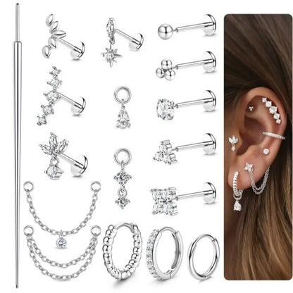 Milacolato 16pc Gift-Ready Elegant Surgical Steel Piercing Jewelry Set for Women, 16G-20G Push-In Easy Threadless Flat Back CZ Studs & Hoops - Nose Piercing, Labret, Conch Earrings, Mom Gifts, Casual Wear