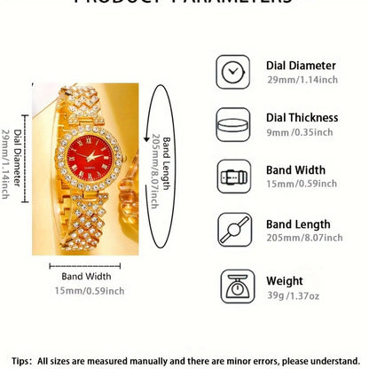 Women's Elegant Fashion Watch & Matching Jewelry Set, Including Round Dial Analog Quartz Watch & Heart Shaped Pendant Necklace & Earrings & Ring, Glamour Set