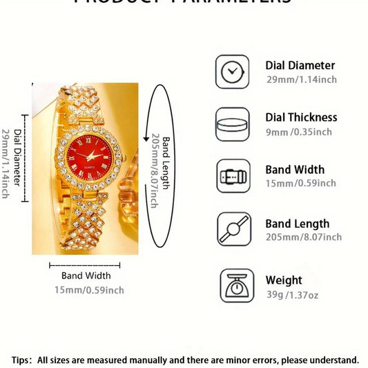 Women's Elegant Fashion Watch & Matching Jewelry Set, Including Round Dial Analog Quartz Watch & Heart Shaped Pendant Necklace & Earrings & Ring, Glamour Set