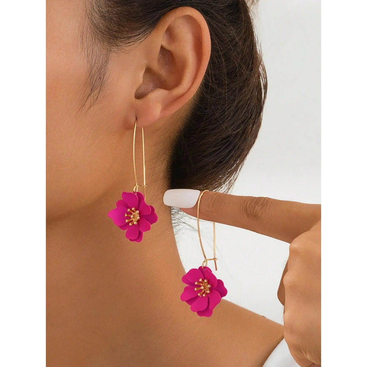 Colorful Floral Drop Earrings for Women, Chic Design in Bright Rose and, Statement Jewelry for Fashion Lovers