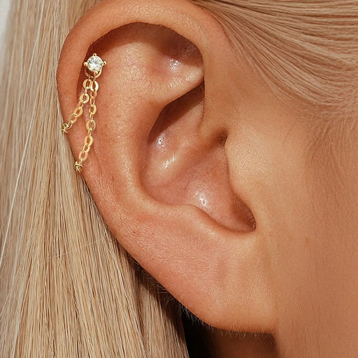 Unisex Stainless Steel Cubic Zirconia Earrings, 20G Push-Back Studs with Double Chain Design, CZ Earrings, Cz Stones Earrings, Fashion Ear Jewelry, Trendy Jewelry Accessories, Sparkling Zirconia, Perfect Gift, Shining Earrings