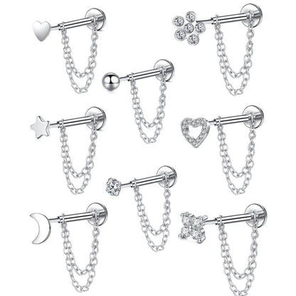 Unisex Stainless Steel Cz Heart Chain Earrings, 20g Push-Back Studs, Fashionable Jewelry Gift for Birthdays & Special Occasions, Chain Style, Trendy Fashionable Accessories, Zircon Stud Earrings, Cubic Zirconia