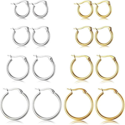 CASSIECA 4Pair Stainless Steel Earring Stack Set Hypoallergenic Gold Plated, Silver, Lightweight Classic Hoop Earrings, 10MM 20MM Huggie Hoops Fashion Jewelry Accessories for Summer Sohochic