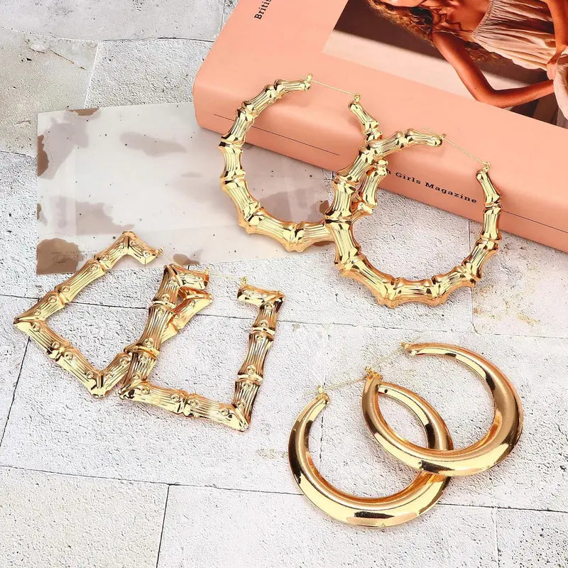 CASSIECA 8Pair Bamboo Geometric Statement Earrings Set, Handmade Artificial Gemstone Jewelry with Large Different Shapes, Chunky Bling Accessories for Women for Party, Daily Wear Sohochic