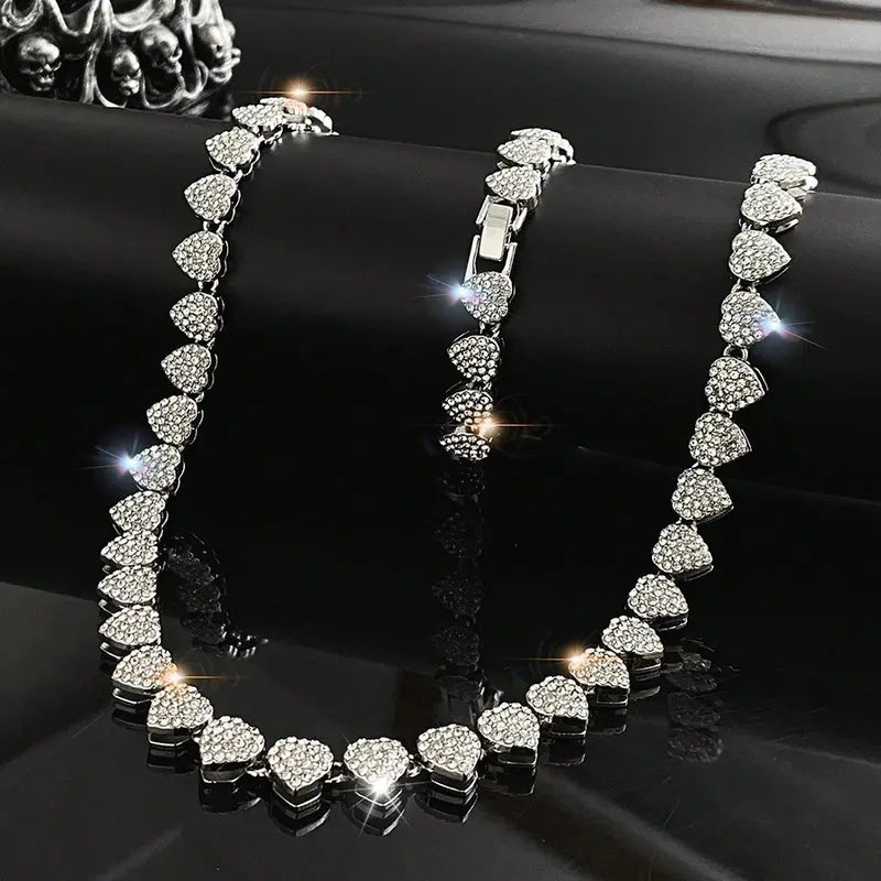 2PCS Heart Shaped Cuban Chain Necklace Set, Rhinestone Choker Necklaces, Hip Hop Style Choker Set , Dainty Zirconia Cut Faux Diamond Chain for Women and Men, Luxurious Jewelry Set for Party Birthday, Everyday Wear