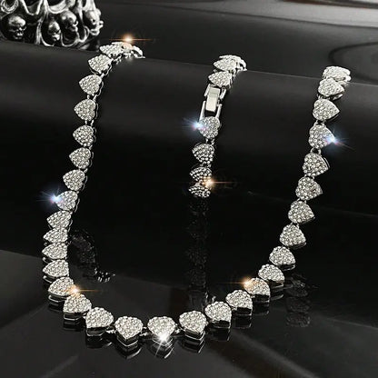 2PCS Heart Shaped Cuban Chain Necklace Set, Rhinestone Choker Necklaces, Hip Hop Style Choker Set , Dainty Zirconia Cut Faux Diamond Chain for Women and Men, Luxurious Jewelry Set for Party Birthday, Everyday Wear