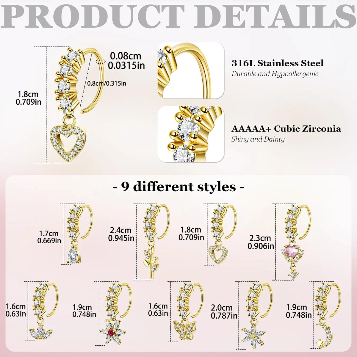 Women's CZ Heart Evil Eye Nose Ring Set, Star Flower Moon Leaf Design Jewelry, Elegant Rhinestone Accessories, Nose Piercing Jewelry, High Quality Jewelry, Body Jewelry Set for All Seasons, Rhinestone Nose Rings