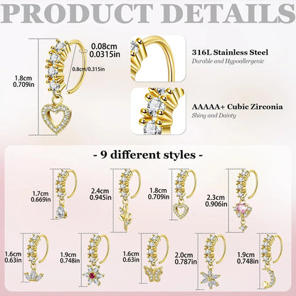 Women's CZ Heart Evil Eye Nose Ring Set, Star Flower Moon Leaf Design Jewelry, Elegant Rhinestone Accessories, Nose Piercing Jewelry, High Quality Jewelry, Body Jewelry Set for All Seasons, Rhinestone Nose Rings