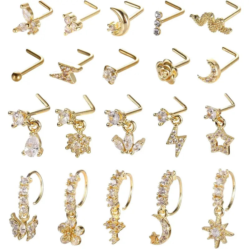 20Pcs 20G Gold Tone Nose Rings Set for Women, Stainless Steel L Shaped Nose Studs & C Shaped Dangle Rings, CZ Butterfly Flower Moon Star Nostril Piercing Jewelry