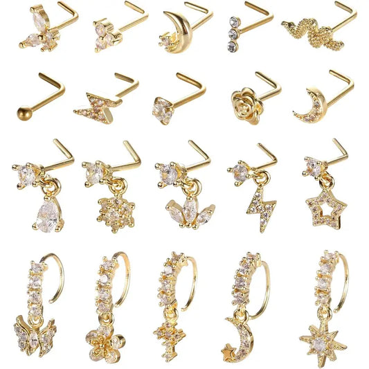 20Pcs 20G Gold Tone Nose Rings Set for Women, Stainless Steel L Shaped Nose Studs & C Shaped Dangle Rings, CZ Butterfly Flower Moon Star Nostril Piercing Jewelry