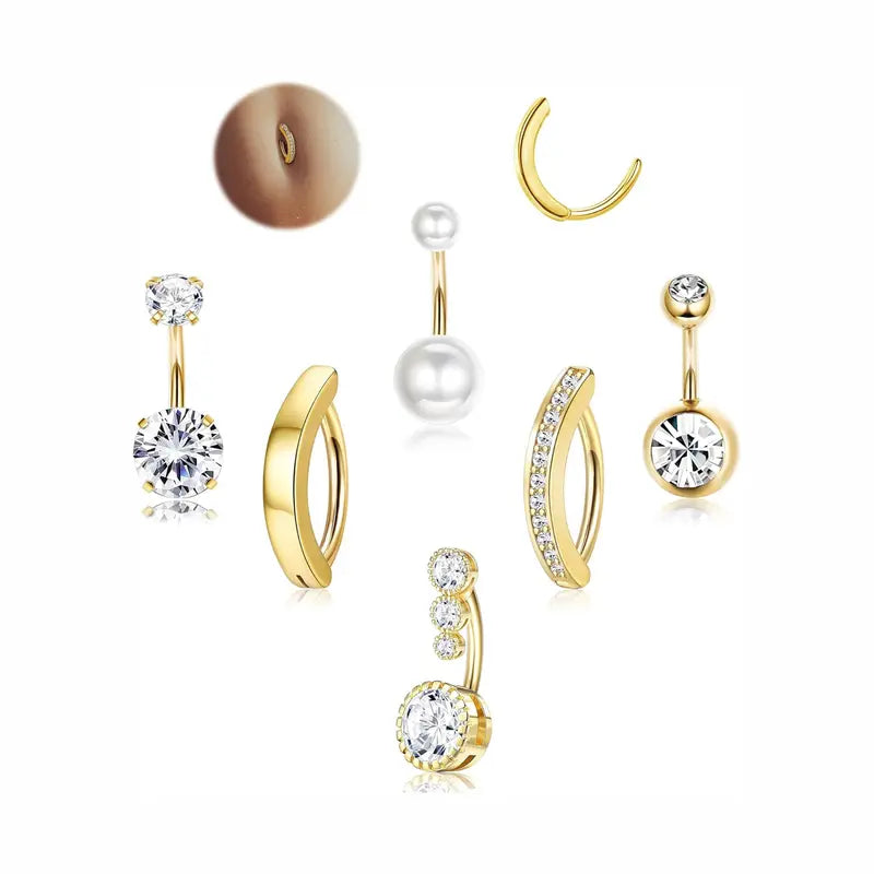 LOLIAS Women's Silver/14 Karat Gold Plated Surgical Stainless Steel CZ Clicker Belly Button Rings Pack for Navel Piercings
