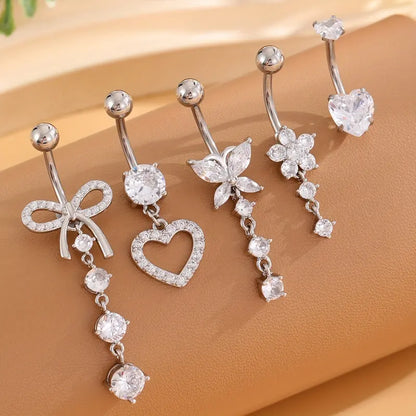 5PCS Classic Butterfly-shaped Heart Flower Composite Zirconia Inlaid Navel Ring Pendants Body Piercing Jewelry Women Stainless Steel Bohemian Hollow Silvery Luxurious Cubic Zirconia Navel Pins Set