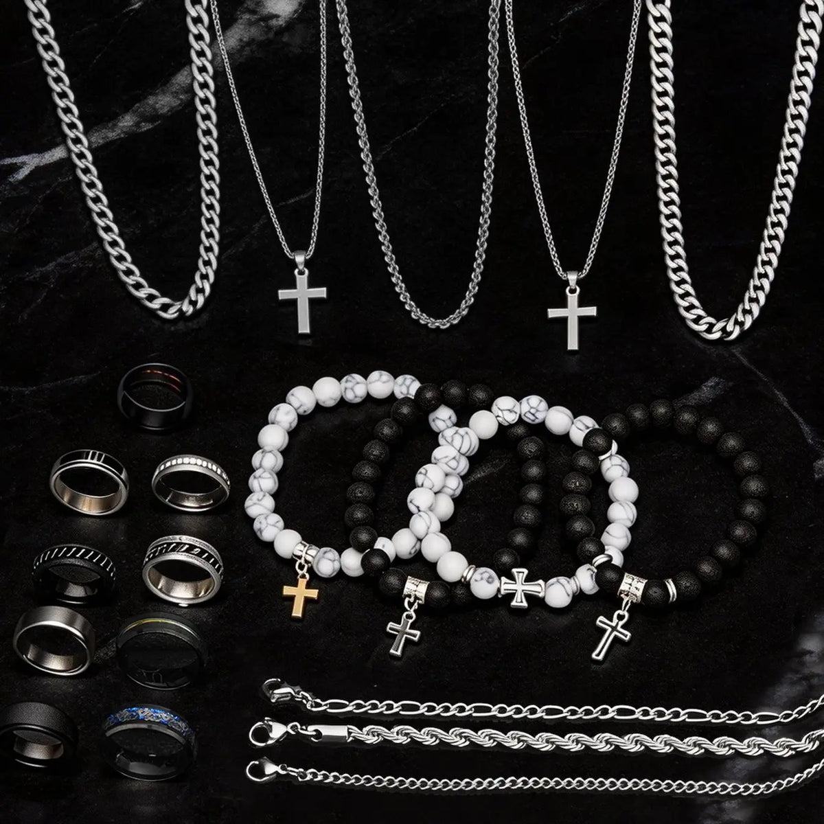 Men's Stainless Steel Fashion Jewelry Set, Casual Punk Cross Pendant Necklace Chain Bracelet Ring Set, Geometric Pattern, All Seasons Gift, Necklace and Bracelet Set