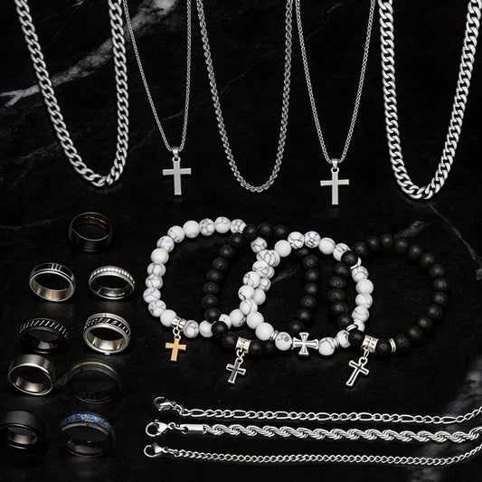 Men's Stainless Steel Fashion Jewelry Set, Casual Punk Cross Pendant Necklace Chain Bracelet Ring Set, Geometric Pattern, All Seasons Gift, Necklace and Bracelet Set