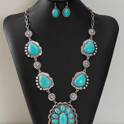 Western Bohemian White Howlite Stone Boho Necklace And Earring Set for Women - Vintage Cowgirl Zinc Alloy Statement Necklace & Dangle Earrings Accessory Necklaces Earrings Set