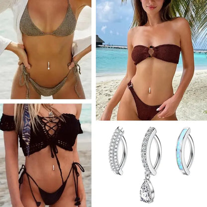Sanfenly Women's 5Pcs 14G Minimalist Opal Belly Button Rings Set, Silver-Gold Hypoallergenic Body-Safe Piercing Jewelry, Dainty Gemstone Hoop CZ Clicker Accessories for Everyday Wear