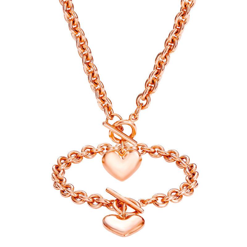 Women's Fashionable 2-Piece Stainless Steel Gold Hearts Jewelry Set - 0.3in Hypoallergenic Chain & Link Bracelet + 18.9in Necklace, 7.5in Toggle Clasp, Daily Durable Gift for Wife, Daughter_Gold