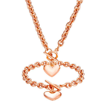 Women's Fashionable 2-Piece Stainless Steel Gold Hearts Jewelry Set - 0.3in Hypoallergenic Chain & Link Bracelet + 18.9in Necklace, 7.5in Toggle Clasp, Daily Durable Gift for Wife, Daughter_Gold