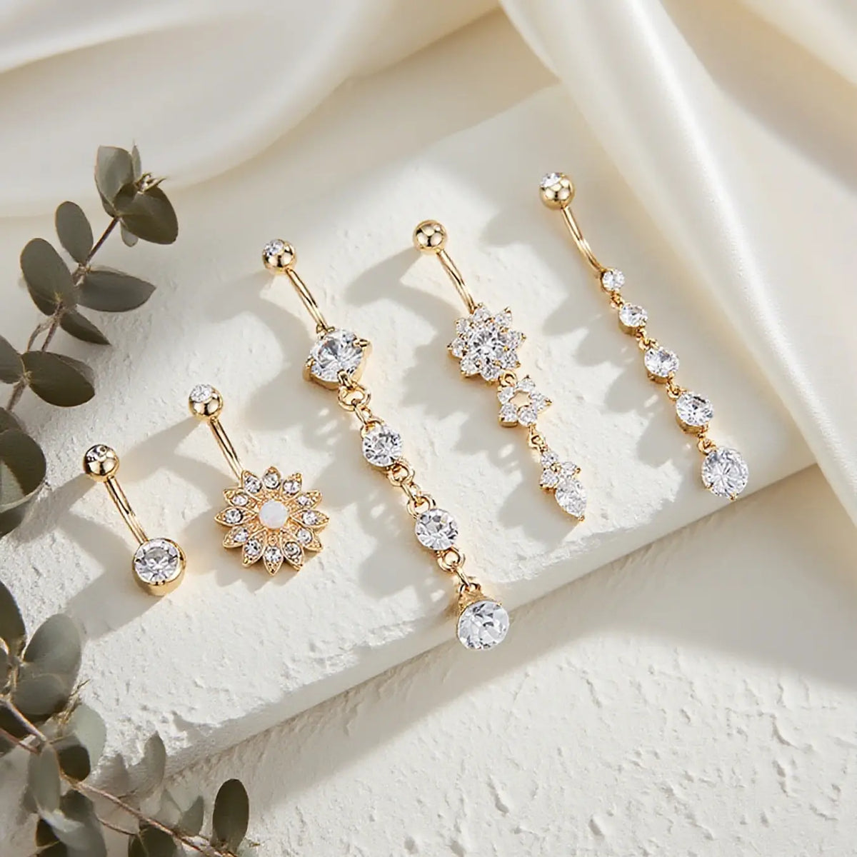 Women's Belly Button Rings Set, Navel Ring, Artificial Zircon Flower Design, Fashion Jewelry for Party & Vacation Wear, Body Piercing Accessories, High Quality Jewelry, Body Jewellery