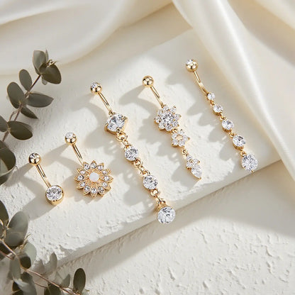 Women's Belly Button Rings Set, Navel Ring, Artificial Zircon Flower Design, Fashion Jewelry for Party & Vacation Wear, Body Piercing Accessories, High Quality Jewelry, Body Jewellery