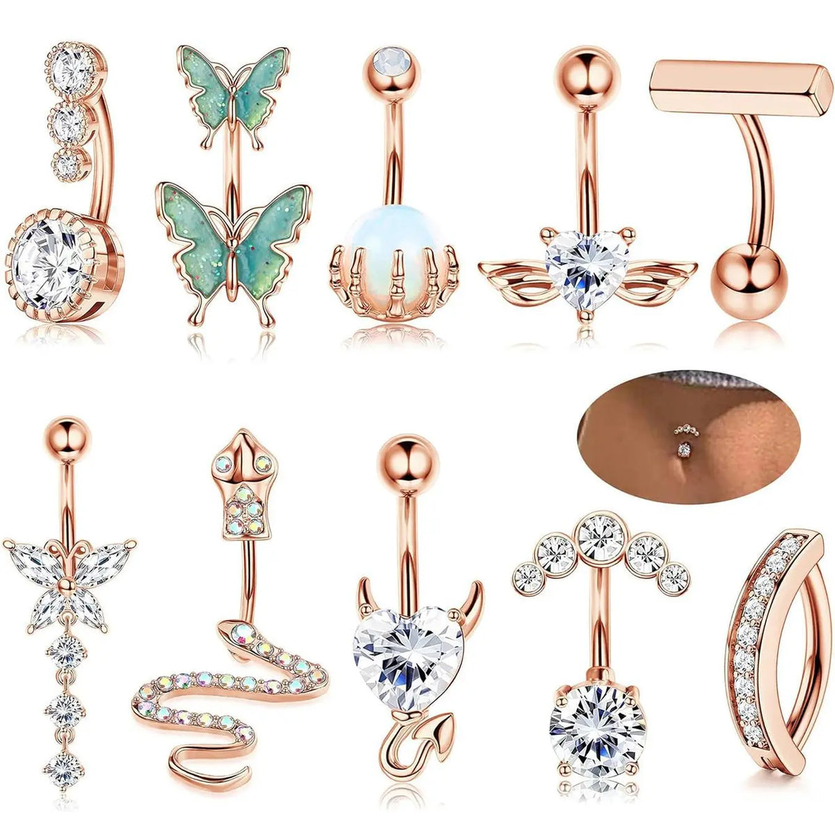 Women's Spring Rhinestone Butterfly & Snake Shape Belly Ring As Gift, Body Piercing Body Jewelry Set, Navel Piercing Jewelry, Maximalist Jewelry, Classic Belly Button Rings Accessories for Daily Wear Back To School, Body Jewellery