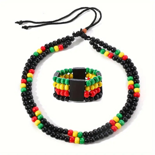 Bohemian Double-layer Colorful Beads Necklace & Bracelet Set, Retro Red Yellow Green Round Wood Bead Ethnic Necklace Multi-layer Bracelet Women Men Handmade Beaded Jewelry Set