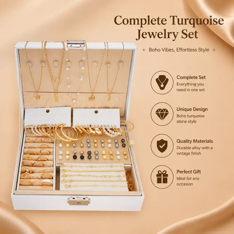 86-piece set of fashionable and elegant gold-plated butterfly necklace, heart-shaped ring, imitation pearl earrings, earrings, 4 in 1 multi-piece jewelry set, suitable for girls' daily travel, party and holiday gifts, fashion accessories (No box)