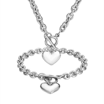 Women's Fashionable 2-Piece Stainless Steel Gold Hearts Jewelry Set - 0.3in Hypoallergenic Chain & Link Bracelet + 18.9in Necklace, 7.5in Toggle Clasp, Daily Durable Gift for Wife, Daughter_Gold