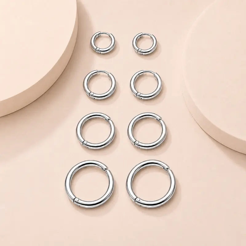 Women's & Men's Accessories 4-Pair Classic 316L Surgical Steel Silver Hypoallergenic Huggie Hoop Earrings, Ideal for Cartilage Piercings & Layering (8mm,10mm,12mm,14mm)