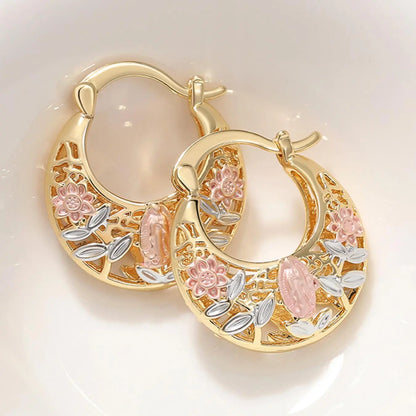 Mexican-style sunflower pattern gold-coloured hollow hoop earrings, hoop shape earrings, elegant party earrings, the perfect anniversary gift for mothers and couples, earrings jewelry
