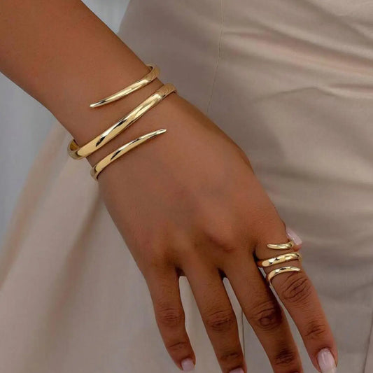 Women's Elegant  Geometric Line Design Cuff Bangle & Ring, Exquisite Trendy Ring & Bangle, Fashionable Matching Jewelry Set for Women As Gift Cuff Bracelet Set Bangles Set