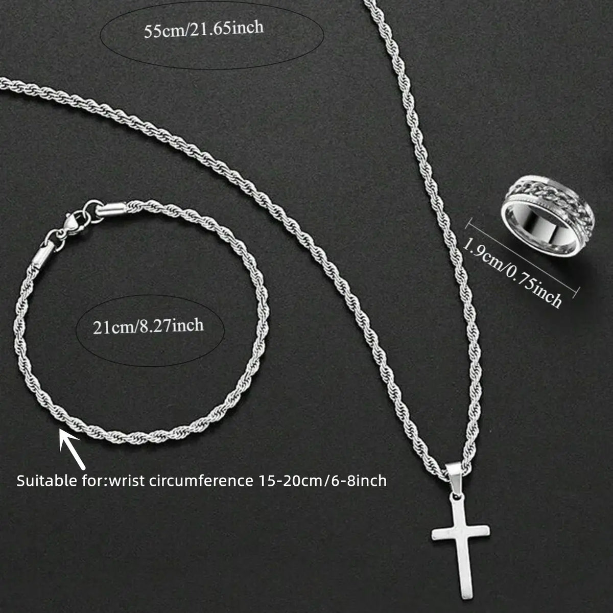 Men's Matching Elegant Western Fashion Jewelry Set with Cross Pendant Necklace, Hollow Chain Bracelet, Ring, Stainless Steel, Hypoallergenic, Perfect Gift, fashionable jewelry set, Necklace and Bracelet Set