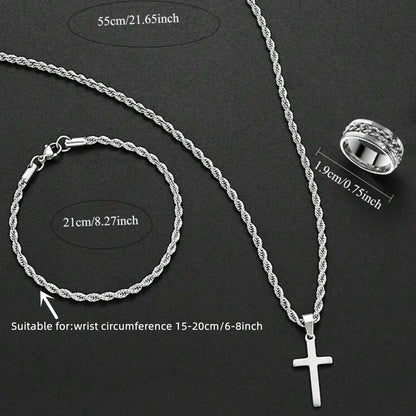 Men's Matching Elegant Western Fashion Jewelry Set with Cross Pendant Necklace, Hollow Chain Bracelet, Ring, Stainless Steel, Hypoallergenic, Perfect Gift, fashionable jewelry set, Necklace and Bracelet Set