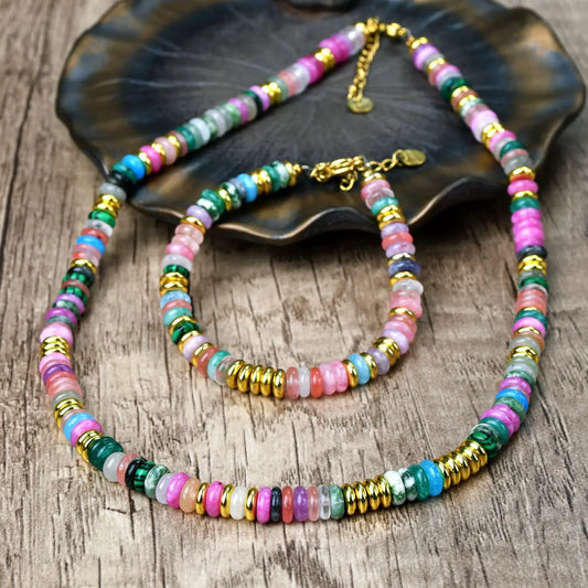 Fashion Colorful Natural Stone Necklace & Bracelet Set, Dopamine Beads Choker & Bracelet, Perfect Gift for Women, Fashionable Matching Jewelry Set for Parties & Vacations, Ideal Gift