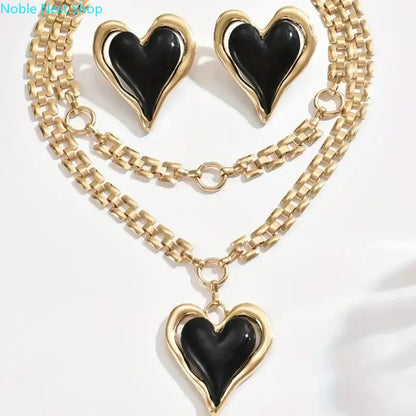 Women's Multi-Layer Heart Fashionable Jewelry Set - Necklaces Set with Heart Pendant, Layered Elegance Earrings for Daily Casual, Party, Mother’s Day Gifting, Chains Set