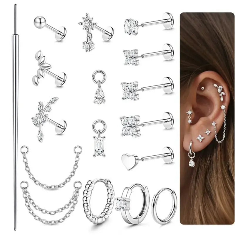 Milacolato 16pc Gift-Ready Elegant Surgical Steel Piercing Jewelry Set for Women, 16G-20G Push-In Easy Threadless Flat Back CZ Studs & Hoops - Nose Piercing, Labret, Conch Earrings, Mom Gifts, Casual Wear