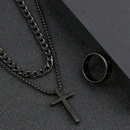 3pcs Teen Fashion Multi-Functional Stainless Steel Jewelry Accessories Set, Trendy Jewelry Set, Cross Necklace Bracelet Ring, Perfect Gift, Jewellery Gift Set, Jewelry for Teens