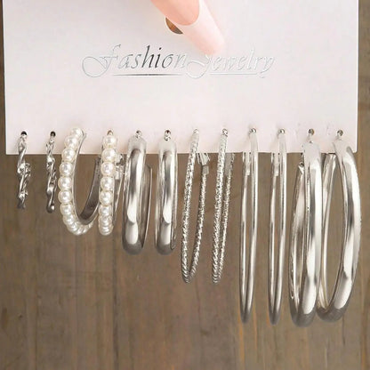 6 Pairs Faux Pearl Decorated Earrings, Hoop Earring Sets, Fashionable Hoop Earrings, Elegant Jewelry for Women, Fashion Jewelry for Party, Daily Clothing Decor, Trendy All-match & Exquisite Jewelry for Birthday Gift, Earring Stacking Set