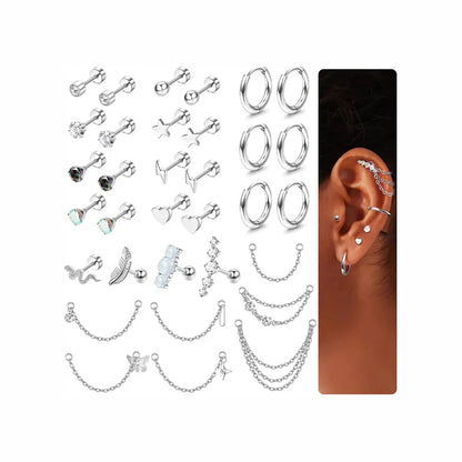 LOLIAS Women's 33Pcs 20G Surgical Steel Cartilage Earring Set - Hypoallergenic Flat Back/Push Back Studs, Hoops, 7 Chain Dangles, Trendy Iridescent Chain, CZ Opal Jewelry for Conch Piercings, Earring Stack, 10mm, Birthday Gift, Body Piercing Kit